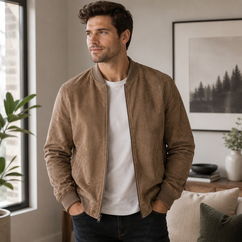 Banana Republic Bomber Jacket Mens M Brown Dark Acorn Vegan Suede 405308-00